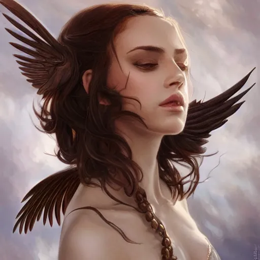 Image similar to a great lucifer, with beautiful wings, beautiful feather, beautiful eyes, olive skin, long dark hair, beautiful bone structure, intricate, elegant, highly detailed, digital painting, artstation, concept art, smooth, sharp focus, illustration, art by artgerm and greg rutkowski and alphonse mucha