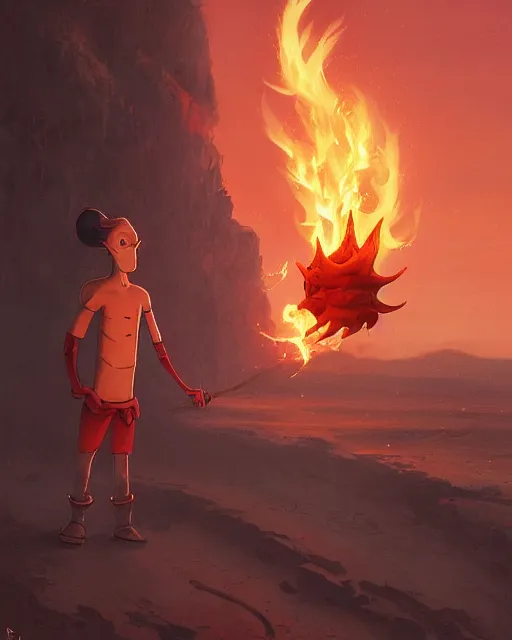 Image similar to wide shot, detailed photorealistic cartoony face, squidward, wearing fire nation clothing and practicing firebending outside at susnset, [ greg rutkowski ]