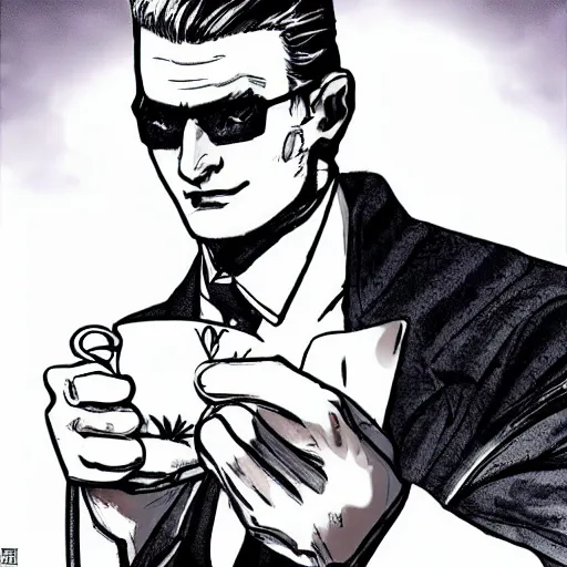 Image similar to albert wesker holding a small steaming china cup of tea, romanticism style, detailed facial proportions