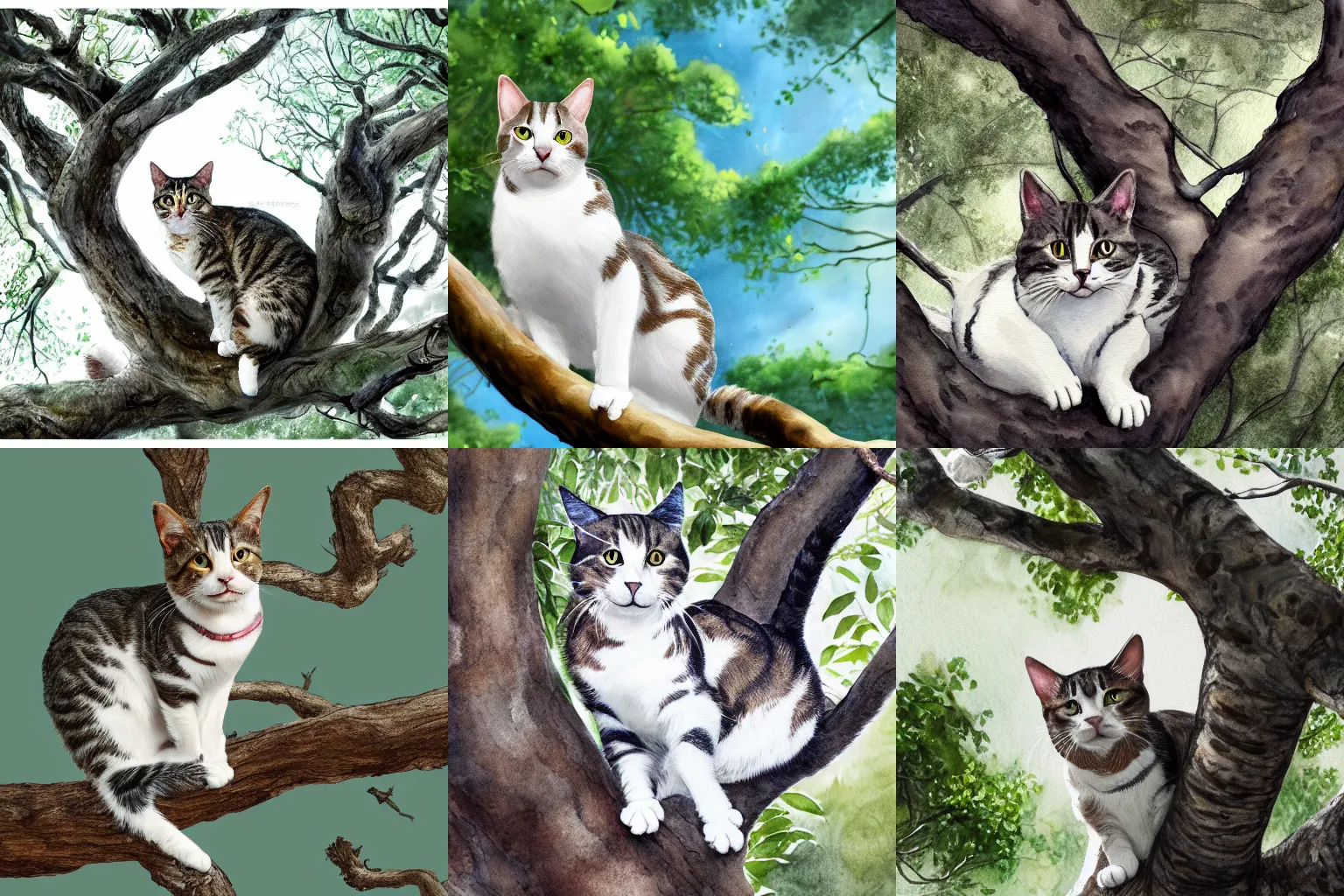 Prompt: a tabby and white cat looking scared is clinging to a branch high up in a tree, view from the ground looking up, illustration, highly detailed water colour 8 k, cinematic lighting, hd, high detail, atmospheric, trending on artstation