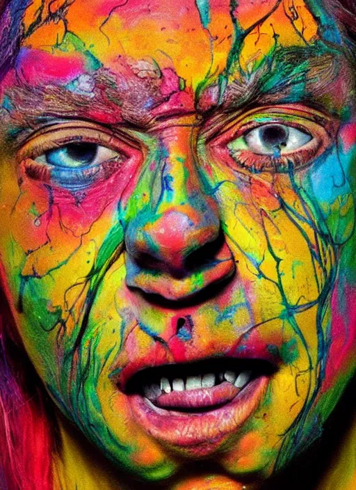 Prompt: a crazy portrait of a face that melts into many chaotic paint colors with colored dots on top of the spots of pictorial chaos, gross art of a psychopath, crazy color strange art bad painting