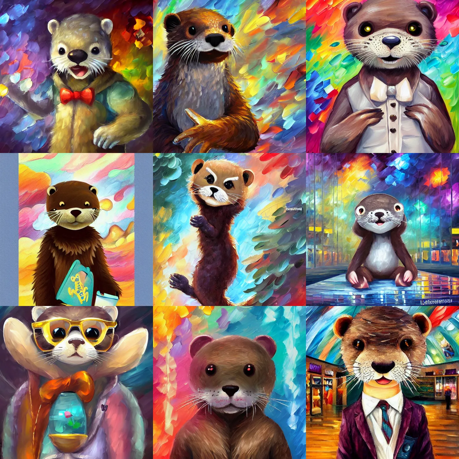 Prompt: anthropomorphic furry otter wearing cute clothes in a mall, trending on art station, furaffinity, leonid afremov, petros afshar, painting