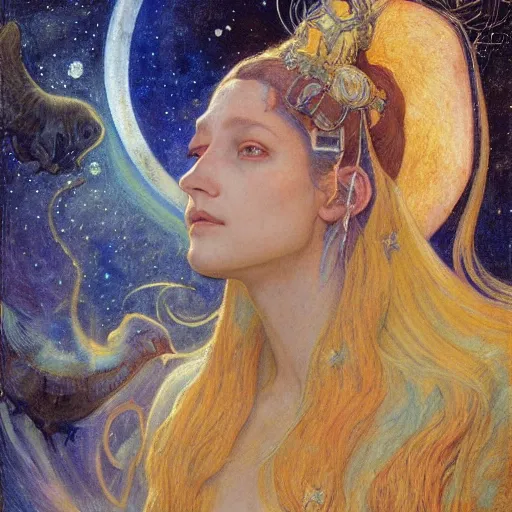 Prompt: queen of the moon with stars in her hair, by annie swynnerton and tino rodriguez and donato giancola and nicholas roerich and jean delville and diego rivera, dramatic lighting, god rays, geometric tattoos, rich colors, smooth sharp focus, extremely detailed, adolf wolfli