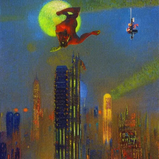 Prompt: cyborg flying on futuristic city by odilon redon