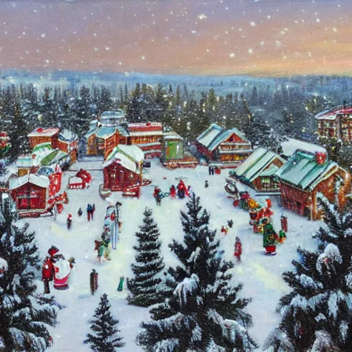 Prompt: a christmas village, aerial view, wide angle, snowing, pine trees, victorian era, 8 k, high detail, oil painting