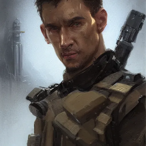 Image similar to portrait of a man by greg rutkowski, a soldier of the confederation of independent systems, wearing a beige and black tactical gear, star wars expanded universe, highly detailed portrait, digital painting, artstation, concept art, smooth, sharp foccus ilustration, artstation hq