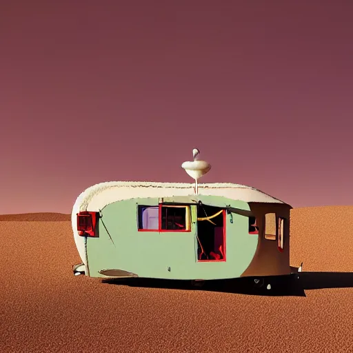 Prompt: a scenography of an old circus caravan in the middle of a desert.