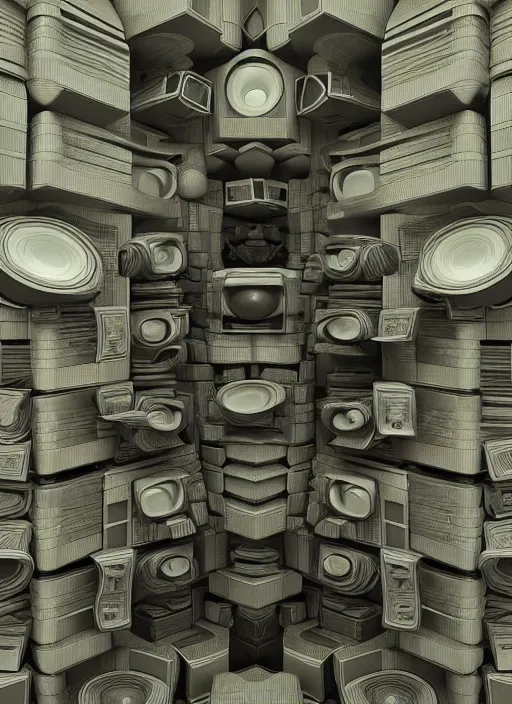 Prompt: highly detailed surreal vfx portrait of a 3 d brutalist landscape of stacks of recursive speakers, polyphonic ecstacy, ornate, hyperrealistic, octane render, chiaroscuro, inspired by james jean, android jones, beeple, rhads, alphonse mucha, frostbite 3 engine