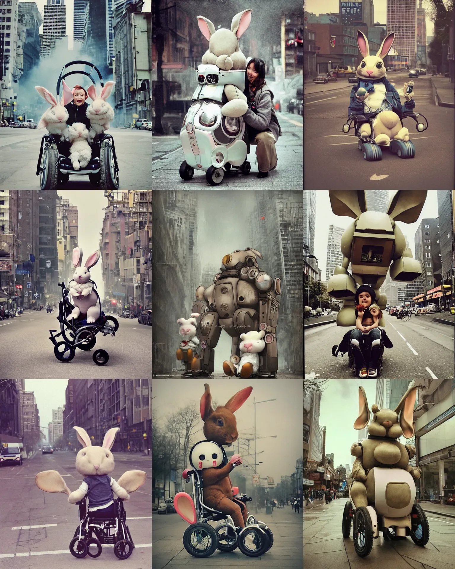 Prompt: cute! epic pose!!! giant oversized battle rabbit robot chubby mech baby sport wheelchair! double decker with giant oversized ears and rabbit babies in sitting pose ,in busy city , full body , Cinematic focus, Polaroid photo, vintage , neutral dull colors, soft lights, foggy mist , by oleg oprisco , by national archives, by discovery channel, by victor enrich , by gregory crewdson