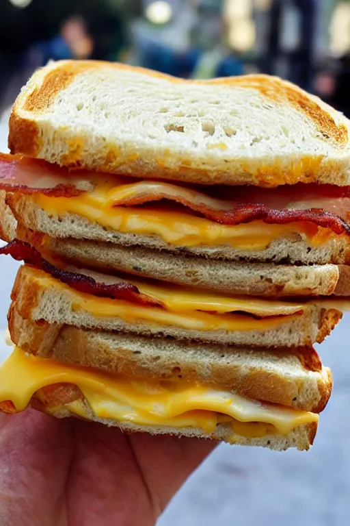 Prompt: a bacon and cheddar sandwich, the size of a builing