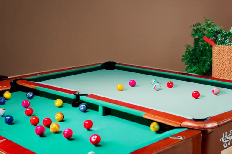 Image similar to fisher price pool table snowy jungle, studio photography 85mm