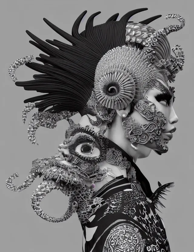 Image similar to 3 d goddess close - up profile portrait punk with mohawk with ram skull. beautiful intricately detailed japanese crow kitsune mask and clasical japanese kimono. betta fish, jellyfish phoenix, bio luminescent, plasma, ice, water, wind, creature, artwork by tooth wu and wlop and beeple and greg rutkowski