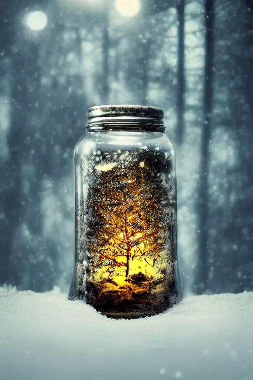 Prompt: a glass jar with a metal lid and flowers growing in earth inside, standing in snow in a dark forest. bokeh, metal lid, intricate detail, highly detailed, hyperrealistic, dark lighting, moonlight, glowing jar, magic, cgsociety, sense of awe, mystical, 8 k, beautiful digital art