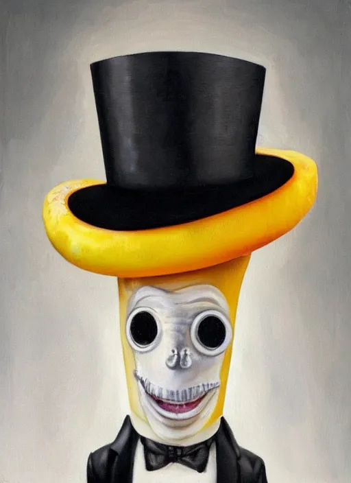 Image similar to hyper realistic painting of an anthropomorphic banana with bloodshot eyes; wearing a white shirt and white top hat; painted by Greg Rukowtski