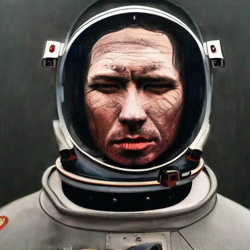 Image similar to man in spacesuit, dark, moody, foggy, made by Sean Yoro and Chie Yoshii, washed colors, high details, realistic