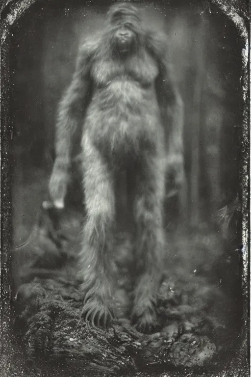 Image similar to a wet plate photograph of a Bigfoot