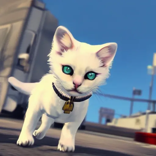 Prompt: cute white fluffy cat with big eyes as a gta 5 character
