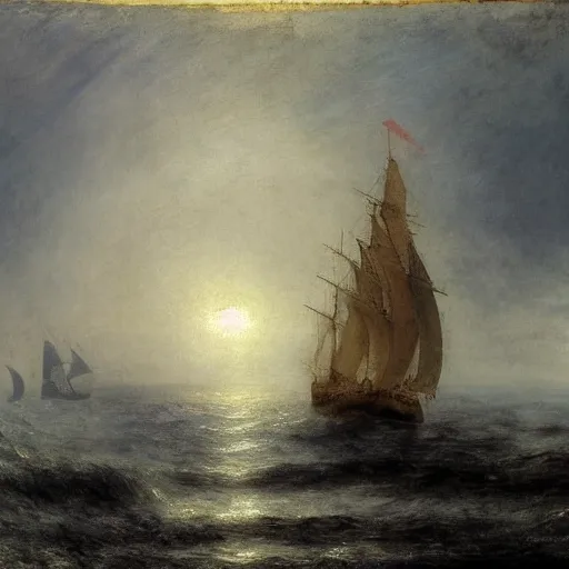 Image similar to a sailing ship in the wild sea, in the style of caspar david friedrich, william turner.