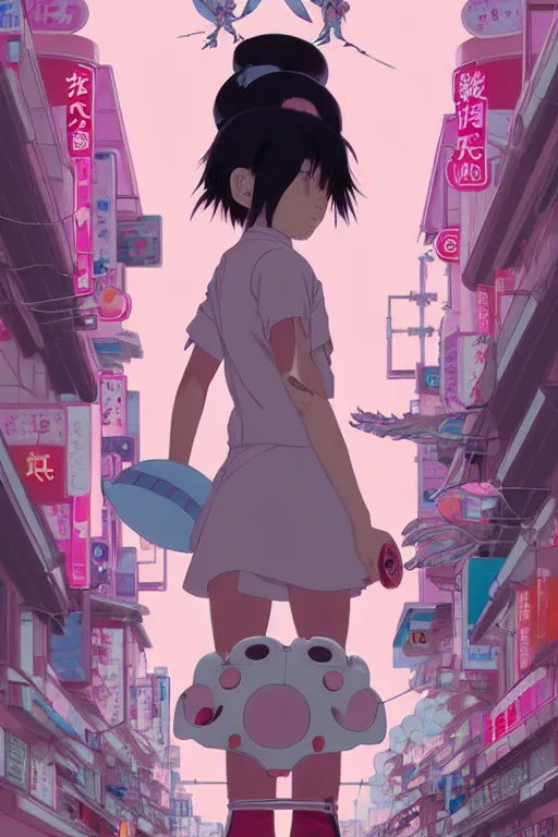 Image similar to Artwork by James Jean, Phil noto and hiyao Miyazaki; a young Japanese future samurai police girl named Yoshimi battles an enormous looming evil natured carnivorous pink robot on the streets of Tokyo; Japanese shops and neon signage; crowds of people running; Art work by studio ghibli, Phil noto and James Jean