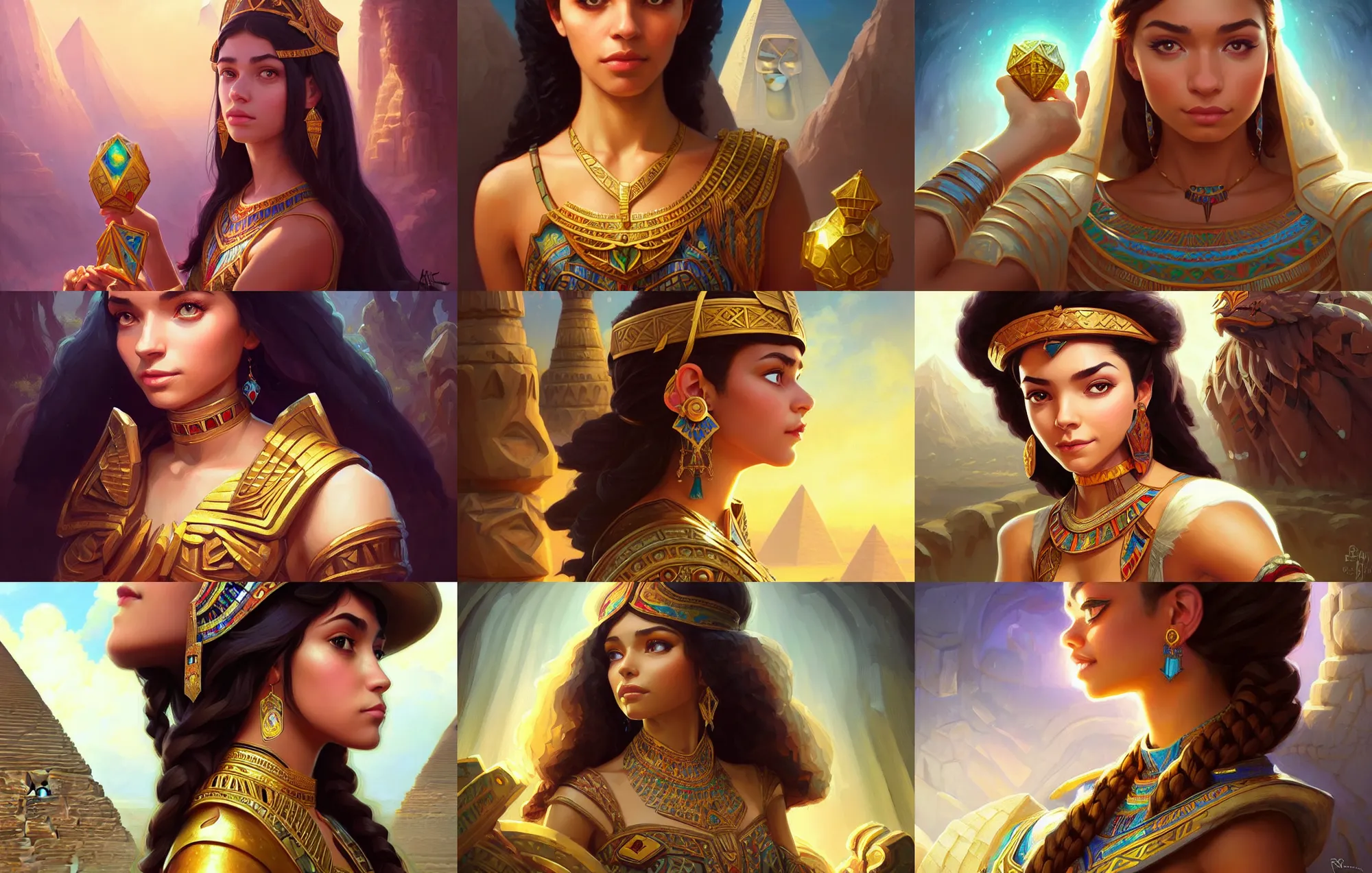 Prompt: portrait of russian egyptian mexican girl hyperborea lemuria, deep focus, d & d, fantasy, intricate, elegant, highly detailed, digital painting, artstation, concept art, matte, sharp focus, illustration, hearthstone, art by rhads by artgerm and greg rutkowski and alphonse mucha