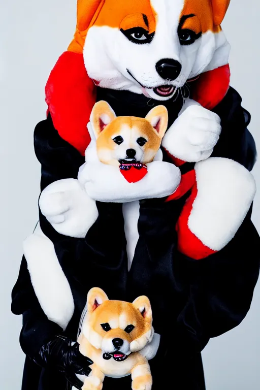 Prompt: lady gaga dressed as harley quinn attacked by plush shiba inu, plush toy, luxury materials, symmetrical, cinematic, elegant, professional studio light, real dlsr photography, sharp focus, 4 k, ultra hd, sense of awe, high fashion