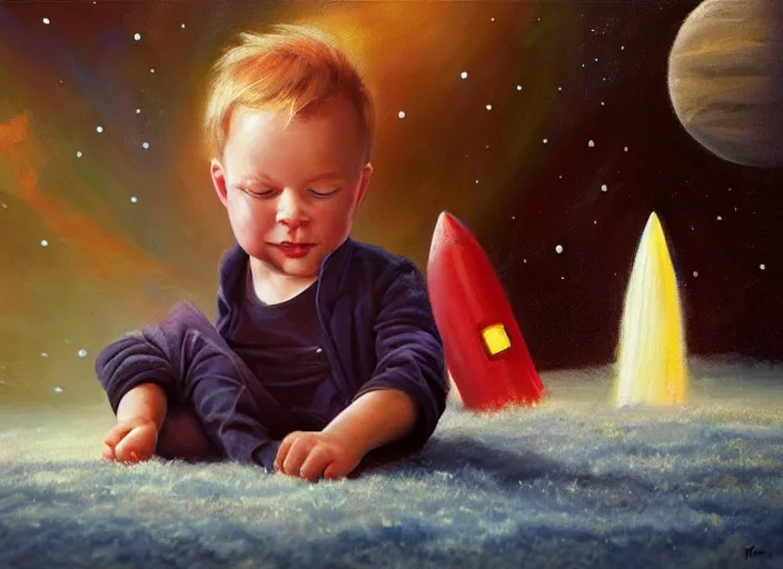 Prompt: toddler elon musk sitting on a shaggy rug playing with his little space rockets, realistic painting, beautiful soft lighting, istvan sandorfi
