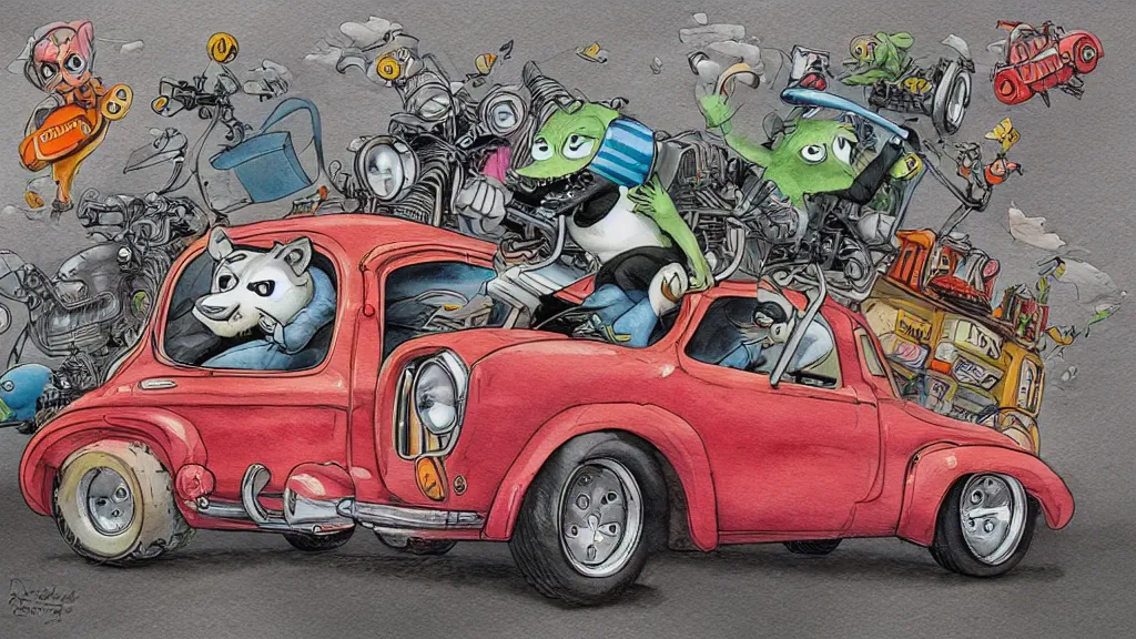 Prompt: cute and funny, racoon riding in a tiny hot rod coupe with oversized engine, ratfink style by ed roth, centered award winning watercolor pen illustration, hyperdetailed isometric illustration by chihiro iwasaki, edited by range murata