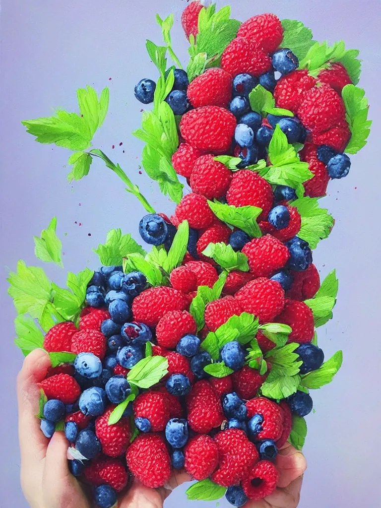 Image similar to “organic, a woman’s hands holding fresh raspberries and strawberries and blueberries, edible flowers, acrylic and spray paint and oilstick on canvas”