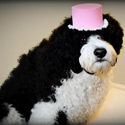 Image similar to black 8 year old bernadoodle with a white chest wearing a birthday hat