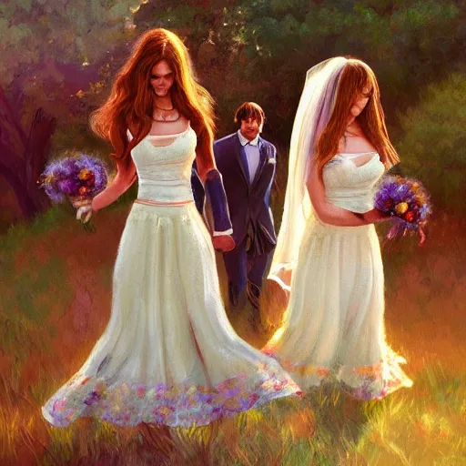 Prompt: wedding in 1 9 7 0 hippie fashion, digital painting, ultradetailed, artstation, oil painting, ultradetailed, artstation