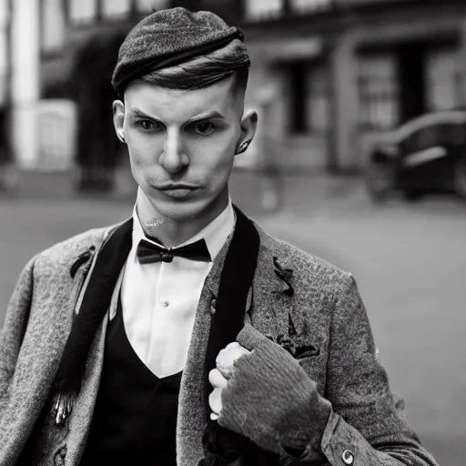 Image similar to A male German street fashion blogger from Berlin in the nineteen-twenties, highly detailed photo full shot