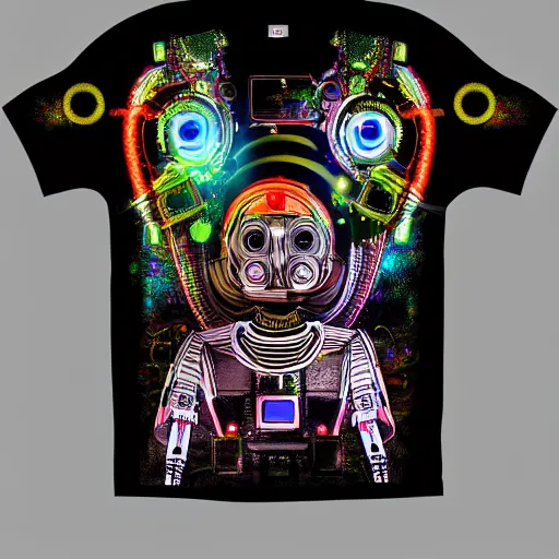 Image similar to mockup of a black tshirt with a hyperdetailed portrait of a trippy steam punk robot, 8 k, symetrical, flourescent colors, happy mood, multicolored,