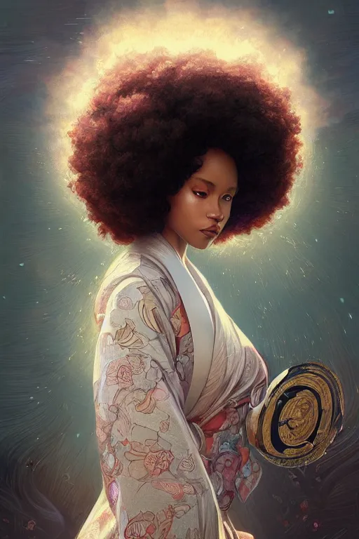 Image similar to ultra realistic illustration, woman with an afro wearing a kimono, sci - fi, fantasy, intricate, elegant, highly detailed, digital painting, artstation, concept art, smooth, sharp focus, illustration, art by artgerm and greg rutkowski and alphonse mucha