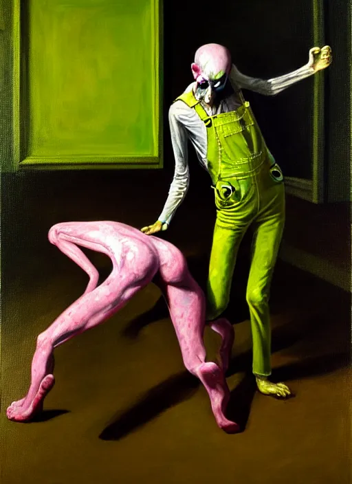 Image similar to an expressive skinny artist wearing overalls physically fighting with a ghost, inside a grand studio, depth of field, hauntingly surreal, highly detailed oil painting, by francis bacon, edward hopper, adrian ghenie, glenn brown, soft light 4 k, green and pink colour palette, cinematic composition, cinematic lighting, high quality octane render, masterpiece