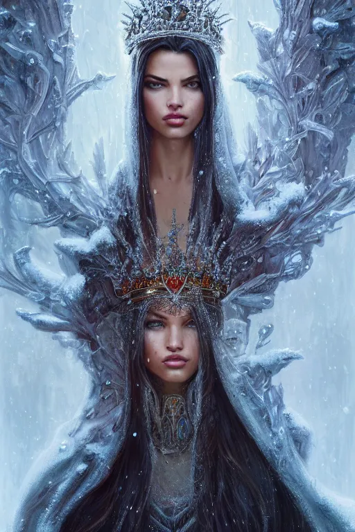 Image similar to photography of adriana lima, ornament crown, organic crystals, frost, deep focus, d & d, fantasy, intricate, elegant, highly detailed, digital painting, artstation, concept art, matte, sharp focus, illustration, hearthstone, art by artgerm and greg rutkowski and alphonse mucha