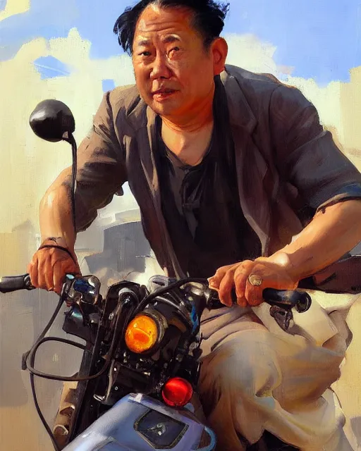 Image similar to greg manchess portrait painting of asian middle age man on moped motorbike burning, medium shot, asymmetrical, profile picture, organic painting, sunny day, matte painting, bold shapes, hard edges, street art, trending on artstation, by huang guangjian and ail elvgren and sachin teng