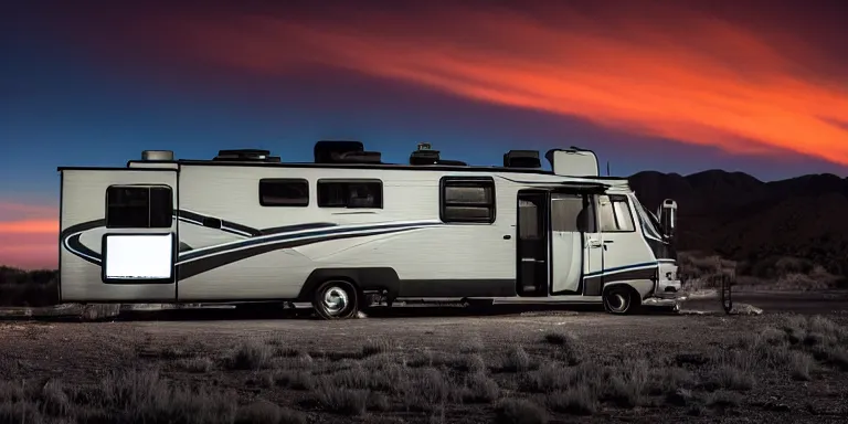 Image similar to photo still of the rv from the tv show breaking bad, cinematic-shot, night lighting, night skies, 4k