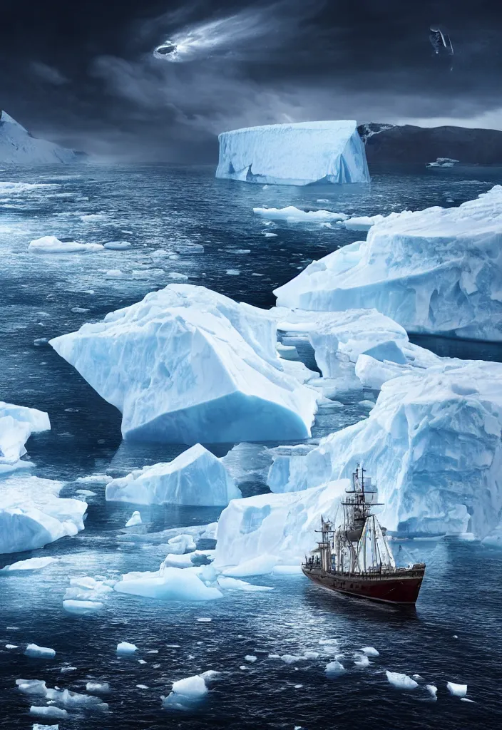 Image similar to ship being persecuted by a police ship over raging turbulent waters in antartica, icebergs in the background, hyper realistic, highly detailed, digital art, apocalyptic, intimidating lighting, raytracing, sharp focus, smooth, romanticism