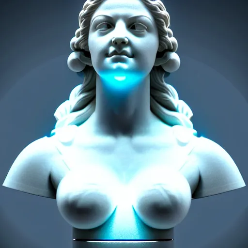 Prompt: sci - fi cgartist wide shot anaglyph ambient occlusion rendering of a hyper realistic marble greek statuary beautiful goddess glowing with embedded leds head product photo bright white backdrop high key colored lighting, trending on artstation volumetric lighting