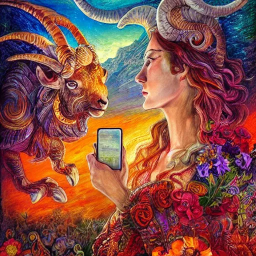 Image similar to painting by senior concept artist josephine wall, horned ram goddess checking her cell phone, erupting volcano and sunset in distance, flowers in foreground, zodiac, fantasy, acrylic on canvas, intricately detailed, highly detailed, high resolution, hdr, 8 k, trending on artstation