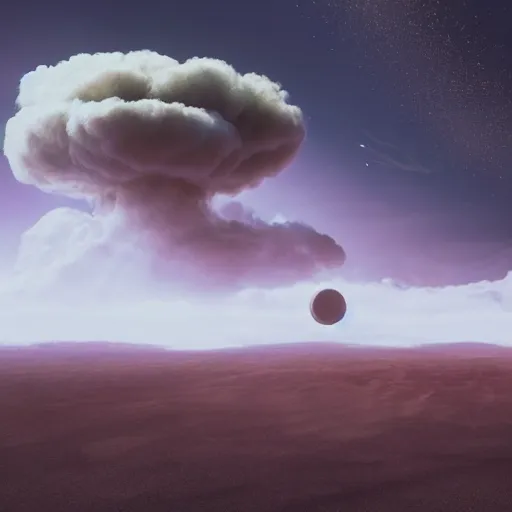 Prompt: a strange looking object surrounded by clouds of smoke, a detailed matte painting by beeple, featured on polycount, space art, rendered in unreal engine, matte painting, rendered in cinema 4 d