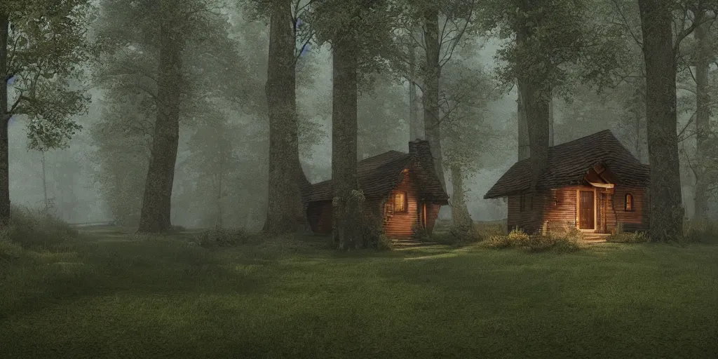 Image similar to a single cottage in the woods and empty woods, 8k, fantasy, realistic, atmospheric lighting