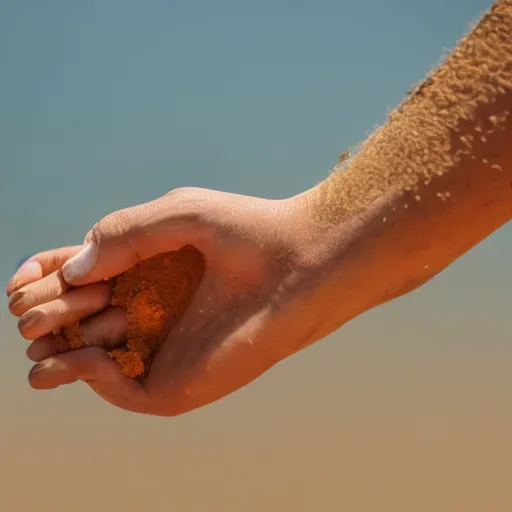 Image similar to a hand holding a face made of sand, color photo, 8 5 mm high depth of field, warm color palette