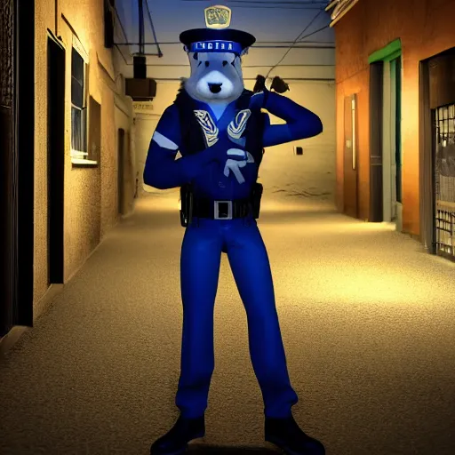 Prompt: furry anthro 3d source engine render 4k police officer anthropomorphic white wolf in blue uniform standing under a streetlamp in an alley at night half life