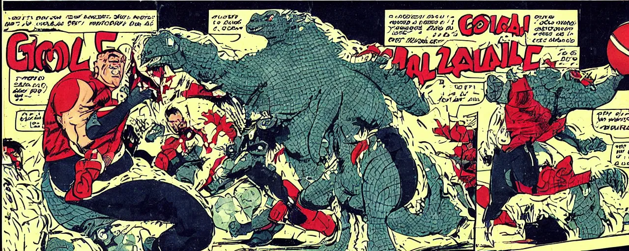 Prompt: godzilla slam dunking baskeball on shaq, marvel comic, 1 9 6 0's style, comic strip