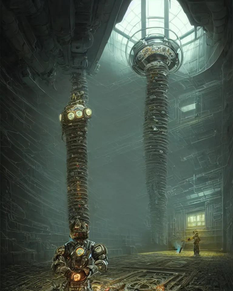 Prompt: low angle shot of a cyberpunk robot character inside a chernobyl room, intricate, elegant, highly detailed, centered, digital painting, artstation, concept art, smooth, sharp focus, illustration, artgerm, tomasz alen kopera, peter mohrbacher, donato giancola, joseph christian leyendecker, wlop, boris vallejo