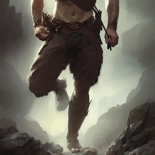 Image similar to Henry Cavill is a rugged ranger, D&D, muscular, bare thighs, fantasy, intricate, elegant, highly detailed, digital painting, artstation, concept art, smooth, sharp focus, illustration, art by artgerm and greg rutkowski and alphonse mucha