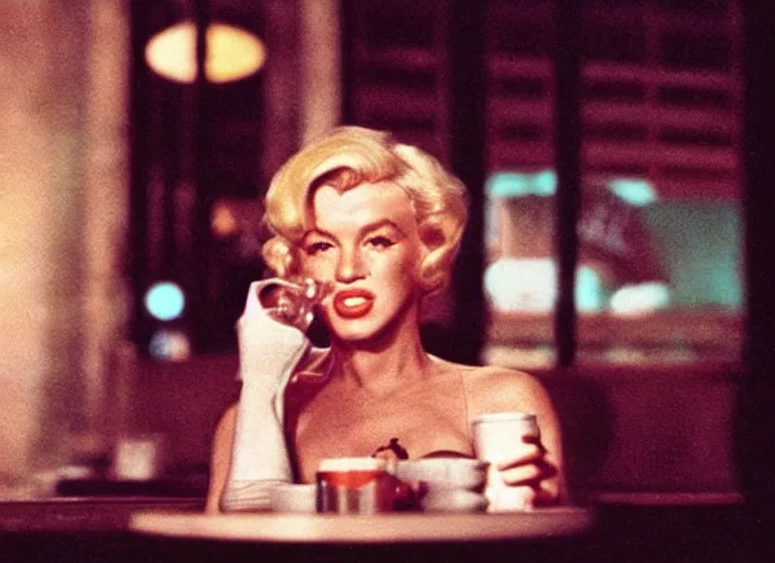 Prompt: A close-up, color cinema film still of a marlin monroe drinking coffee at a starbucks, ambient lighting at night, from Matrix(1999).