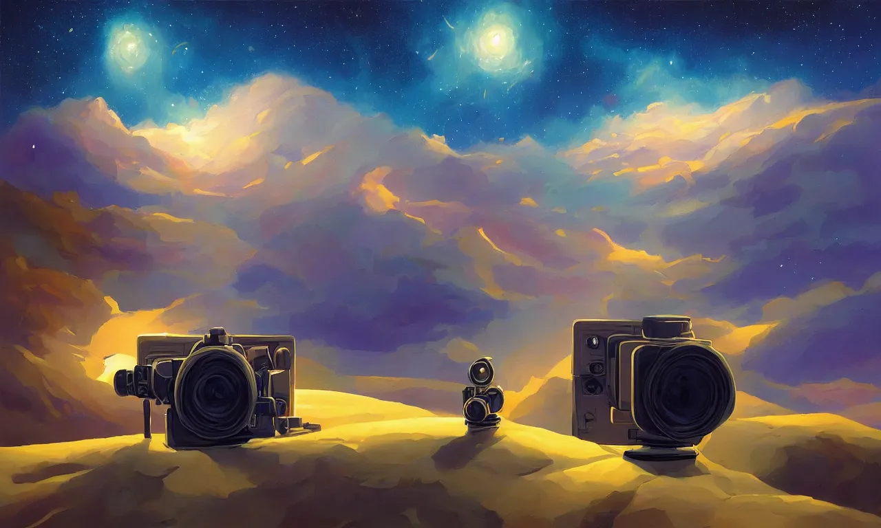 Image similar to A beautiful painting of a camera floating among stars, by RHADS, trending on Artstation