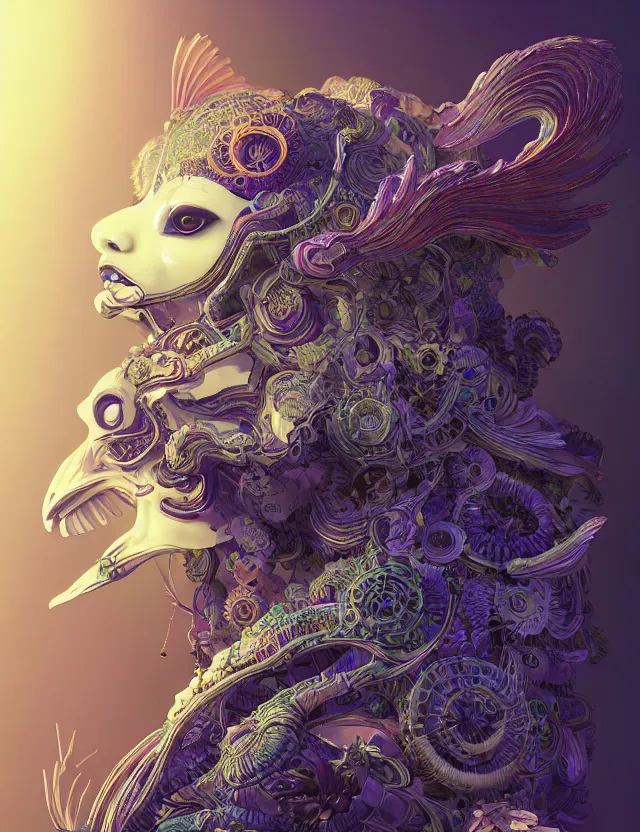 Image similar to 3 d goddess close - up profile solarpunk portrait ram skull. beautiful intricately detailed japanese crow kitsune mask and clasical japanese kimono. betta fish, jellyfish phoenix, bio luminescent, plasma, ice, water, wind, creature, artwork by tooth wu and wlop and beeple and greg rutkowski